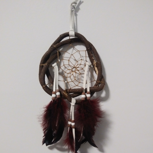 White Leather & Burgundy Feather Dream Catcher - Picture 2 of 2